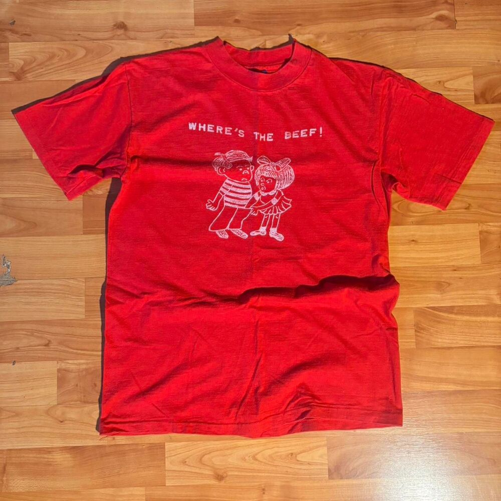 Vintage Where’s The Beef Red Baby Tee Single Stitch Funny Graphic Shirt 80 Retro